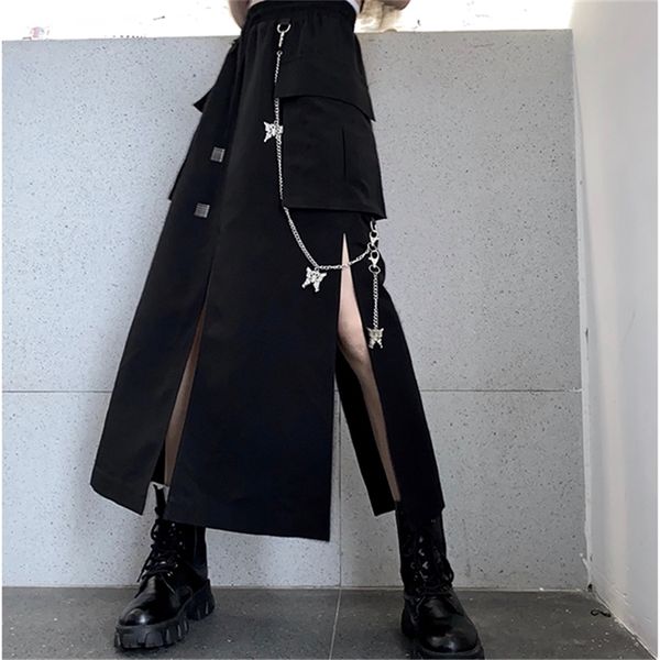 

spring autumn women skirt fashion korean style black long skirts with chain side slit hip hop streetwear plus size 220324