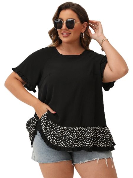 

plus graphic print raglan sleeve ruffle hem blouse y32x#, Black