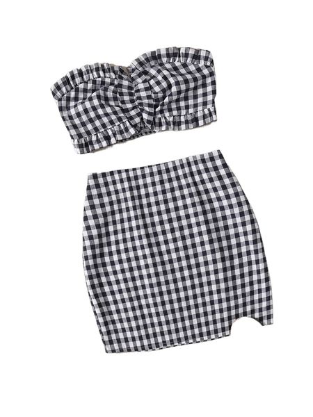 

gingham frill trim tube & skirt k4hl#, White