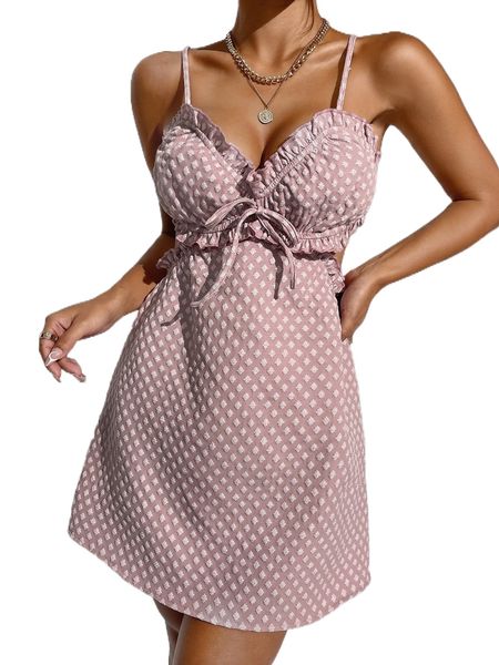 

jacquard frill trim knot front tie backless cami dress 76dm#, Black;gray
