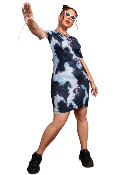 

plus 1pc tie dye bodycon dress n5vo#, Black