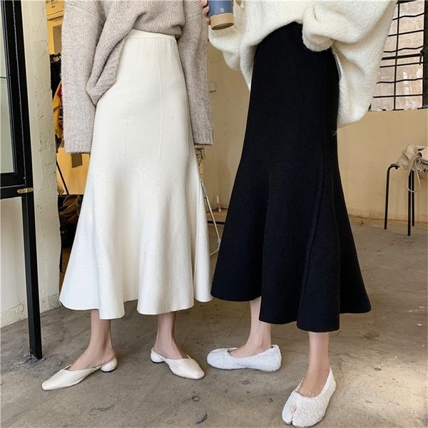 

highwaisted slimfit knitted fishtail skirt temperament 20120 autumn and winter korean style hip midlength a line skirt 210319, Black