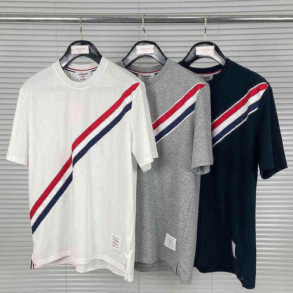 

2021 new fashion tb thom brand t-shirt men short sleeve casual clothing summer slim thin diagonal stripes o-neck cotton shirts, White;black