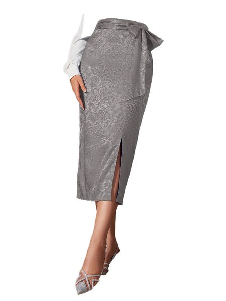 

high waist jacquard split hem belted satin skirt l2sc#, Black