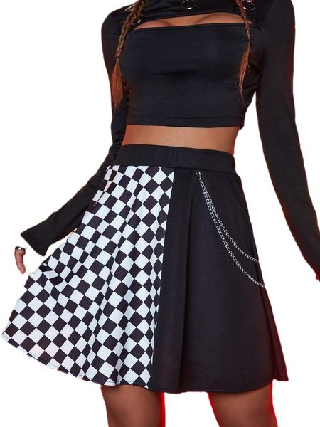 

checker print chain detail skirt s8wh#, Black