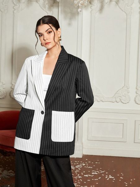 

x alf studio notched collar pocket patched spliced striped blazer n9m9#, White