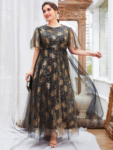 

plus floral gilding mesh overlay dress x1mg#, Black
