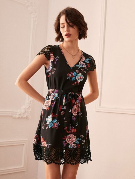 

floral print contrast guipure lace belted dress o97i#, Black;gray