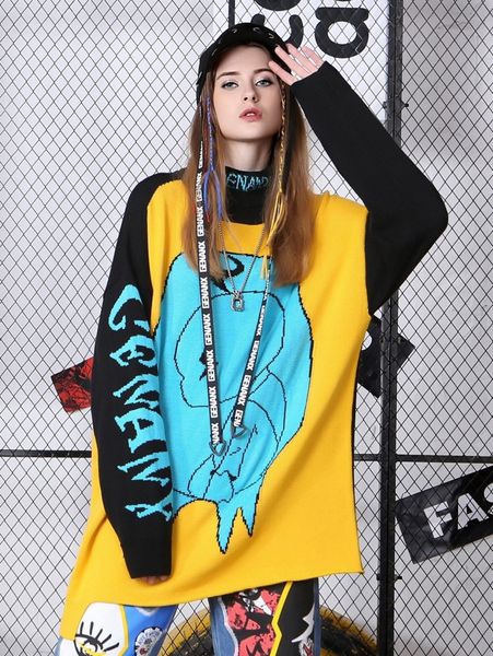 

cartoon & letter pattern turtleneck colorblock sweater q4go#, White;black