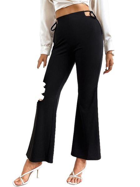

cut out waist knot side flare leg pants a7pr#, Black;white