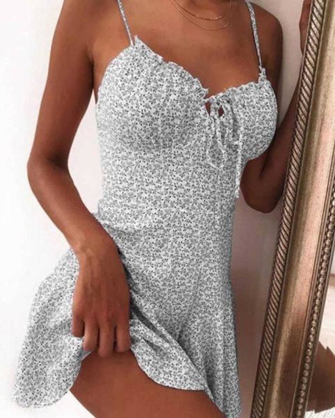 

casual dresses summer boho holiday tie front v neck floral print mini dress fashion women spaghetti strap yqu9, Black;gray