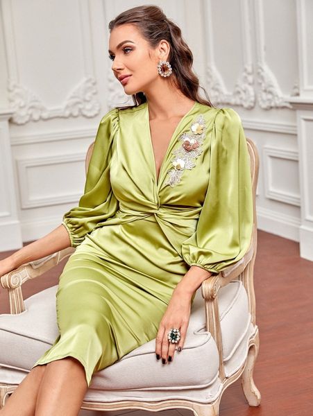 

x farah appliques lantern sleeve twist front dress g4tt#, Black;gray