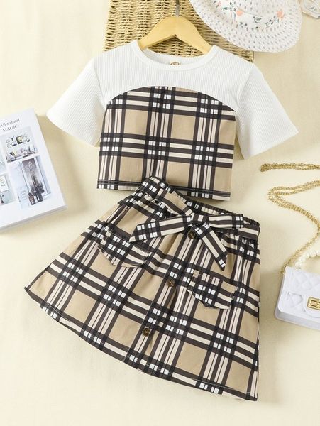 

girls plaid tee & flap detail fake button belted skirt she, White