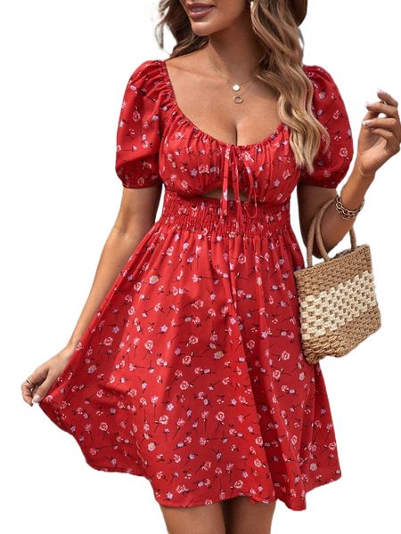 

ditsy floral print shirred a-line dress x7cg#, Black;gray