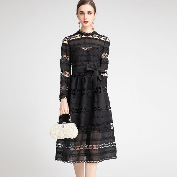 

women's runway dress o neck long sleeves embroidery hollow out lace up bow fashion casual party prom dresses, Black