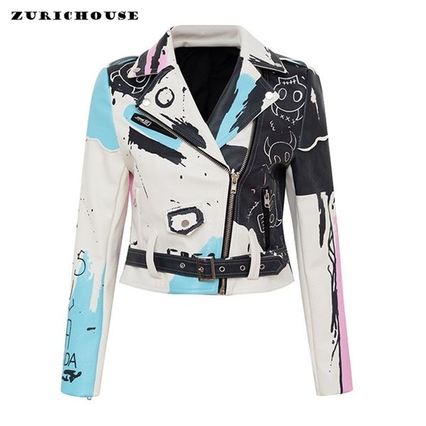 Zürichouse Punk Rock PU Leder Jacke Frauen Kurzschlug Persönlichkeit Hit Color Graffiti Print Outwear Lokomotive Mantel weiblich 220815