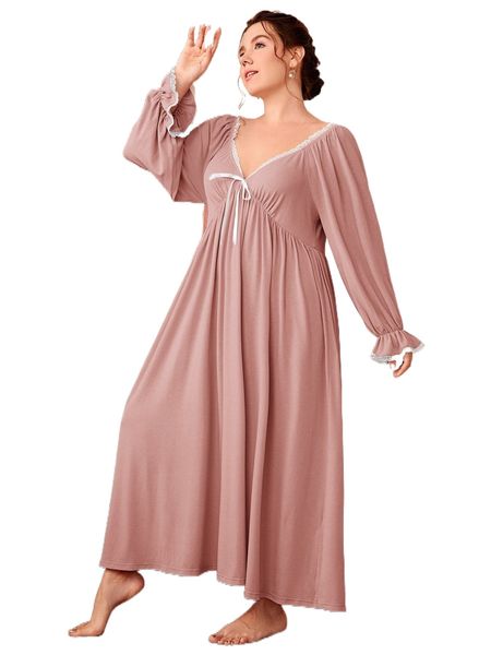 

plus v-neck bow detail sleepdress 186k#, Black;white