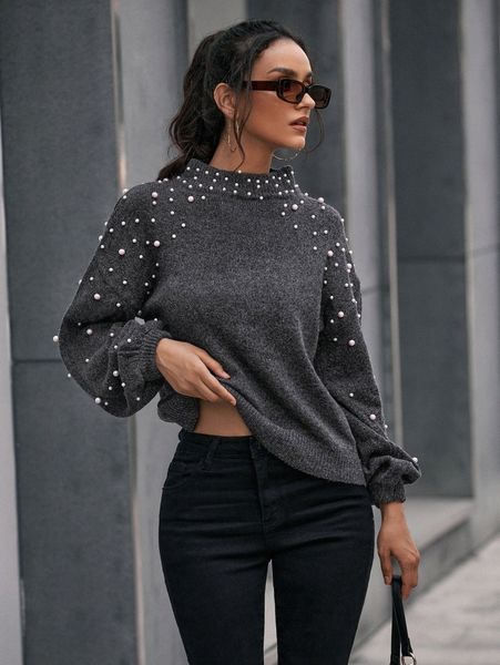 

pearls beaded mock neck drop shoulder sweater z6v5#, White;black