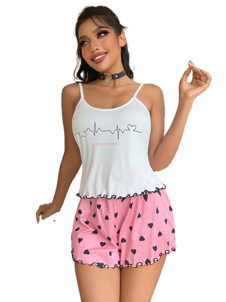 

heartbeat & heart print lettuce trim pj set o9rq#, Black;red