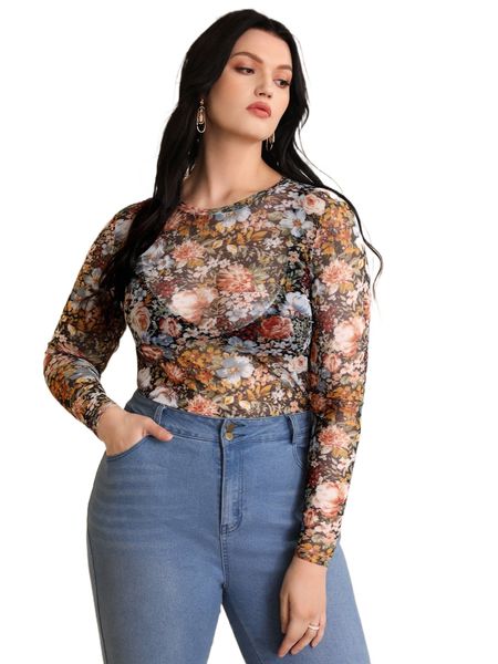 

plus floral print mesh h5wi#, Black