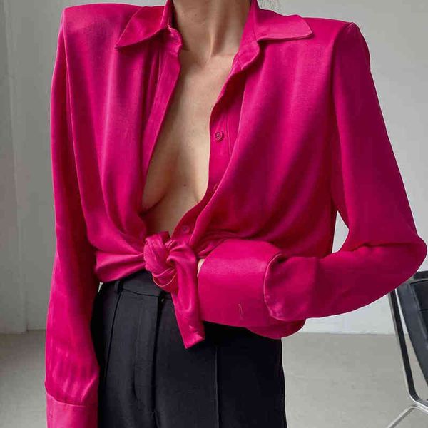 

padded shoulder rose red satin office shirt blouse femme high fashion black button up casual shirts autumn winter l220714, White