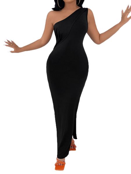 

sxy one shoulder split thigh bodycon dress y5zj#, Black;gray