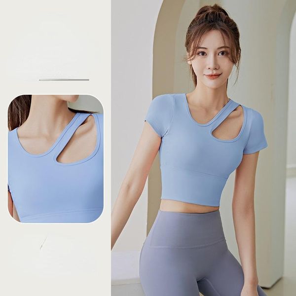 

yoga outfit gymhub quick drying short sleeve women's sweat absorbing with chest cushion elastic thin fitnessyoga