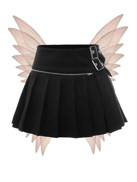 

eyelet detail buckled side pleated skirt r61u#, Black