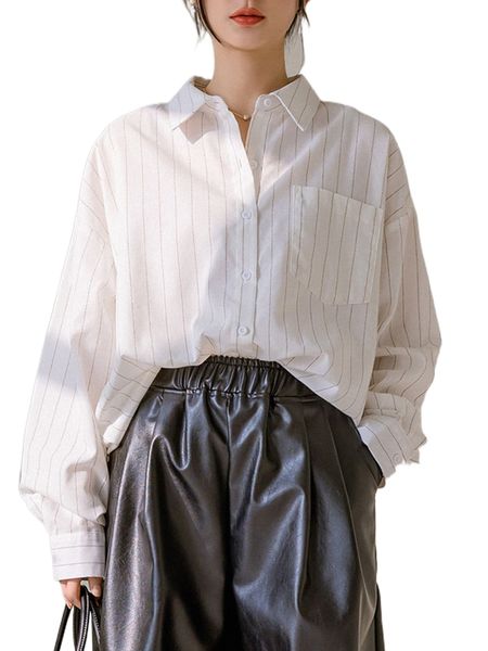 

dazy-less striped drop shoulder patched pocket button through blouse v2xq#, White