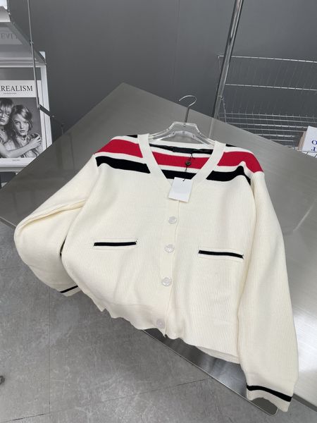 

women's knits & tees cardigan new striped loose long sleeve knit v-neck casual geometric embroidered contrast sweater jacket #s-l, White