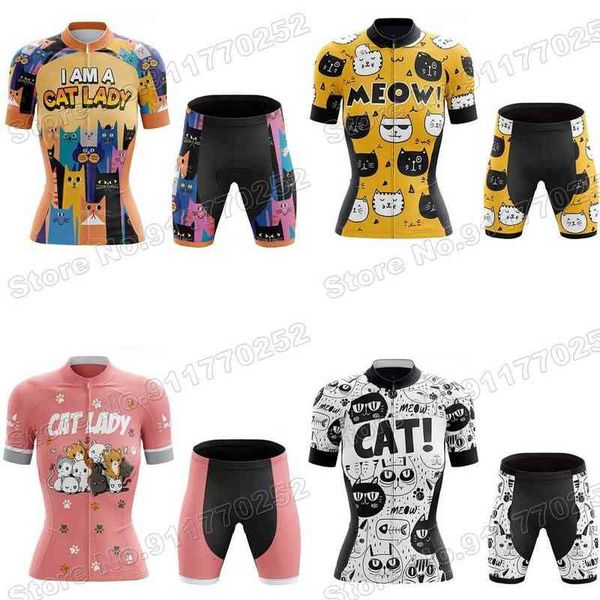 

2021 funny cat women cycling jersey sets cartoon lady cycling clothing road bike shirt suit bicycle mtb ropa ciclismo maillot, Black;red