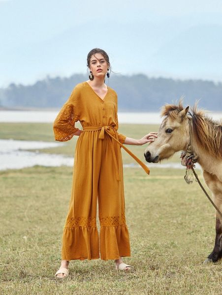 

contrast lace ruffle hem belted jumpsuit 60yg#, Black;white