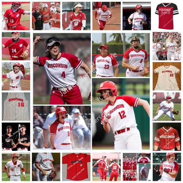 Maglia da college cucita da baseball personalizzata UW Softball 1 TESSA MAGNANIMO 2 MEGAN DONAHUE 4 MORGAN KUMMER 5 MADDIE SCHWARTZ GRACE O'BRIEN CHRISTAANA ANGELOPULOS Maglie