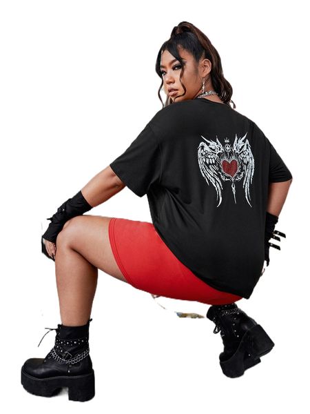 

plus 1pc rhinestone heart pattern drop shoulder tee & 1pc biker shorts 72p7#, Black