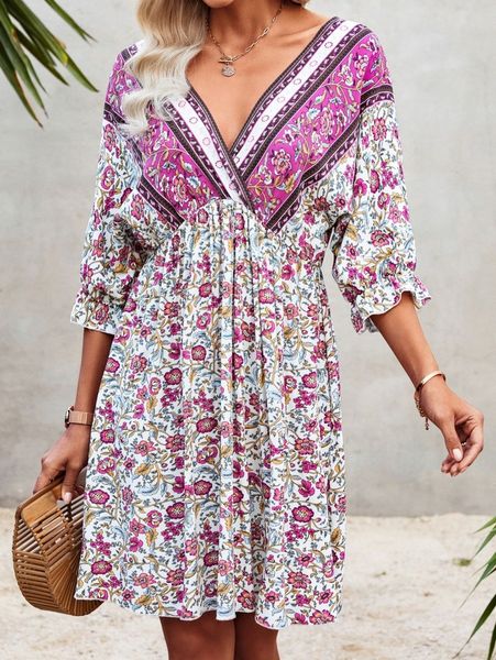 

all over print wrap neck tie back dress v8zw#, Black;gray