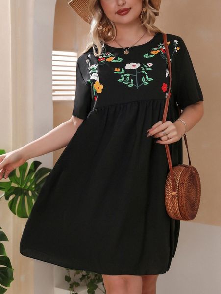 

plus floral print smock dress z1q6#, Black
