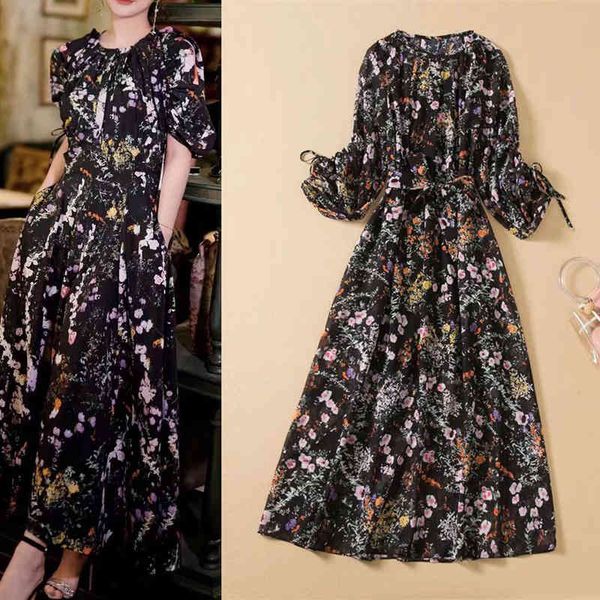 

casual dresses spring and summer star same women's wear round neck print waist drawstring temperament jumpsuit dress, Black;gray