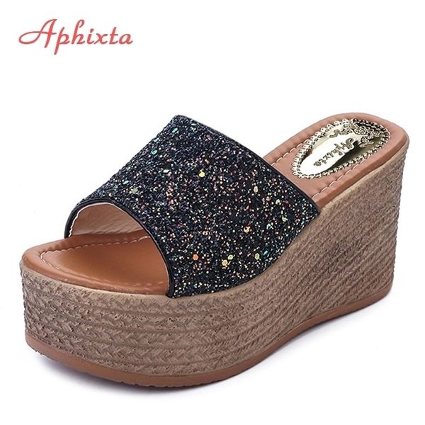 

aphixta summer wedge slippers platform high heel slipper ladies outside shoes basic clog wedge slipper flip flop sandals y200624, Black