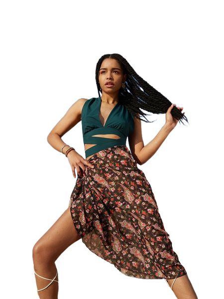 

floral & paisley print knot front high low hem chiffon skirt b7ai#, Black