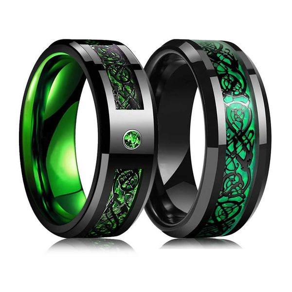 

rings fashion men 8mm black tungsten wedding celtic dragon ring inlaid green zircon punk stainless steel carbon fibre, Silver