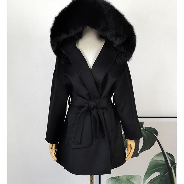 Nuovo cappotto con lacci stile lungo double face da donna in pelo di volpe sciolto con cappuccio di media lunghezza 100% lana solida