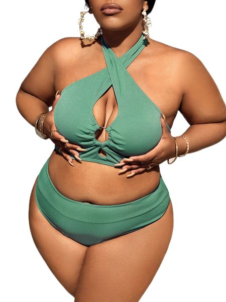 

plus o-ring cut out wrap cross halter bikini swimsuit d540#, White;black