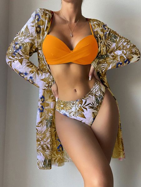 

tropical print wrap push up bikini swimsuit with kimono k9ty#, White;black