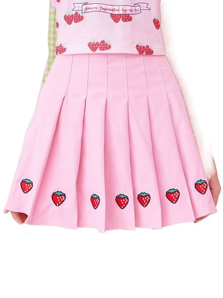 

kawaii strawberry embroidery pleated skirt e9fh#, Black