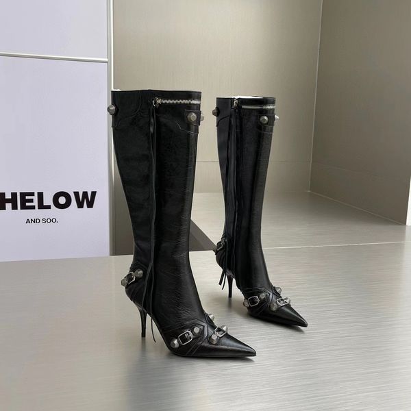 

latest pattern leather knee high boots vintage gun color threaded buckle decoration side zipper pointed toe tassel high-heeled boots designe, Black