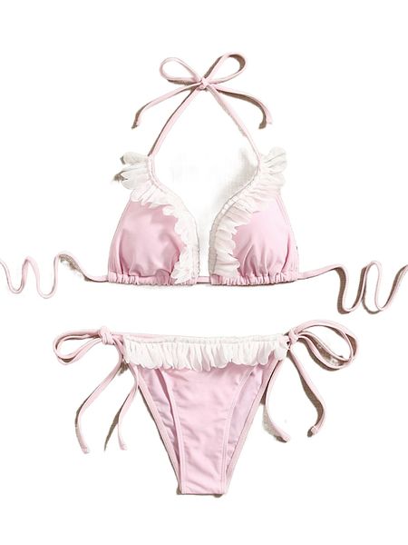 

appliques halter tie side bikini swimsuit p0uf#, White;black