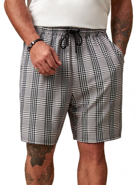 

extended sizes men plaid print drawstring waist shorts n4ee#, White;black