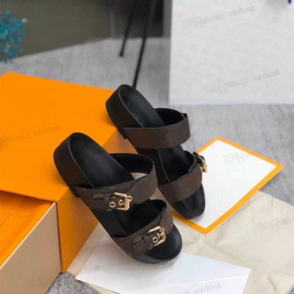 

2021 slippers designer slippers leather sandal slides 2 straps with adjusted gold buckles men and women bom dishoe''louise'&#, Black