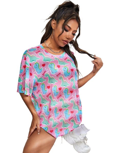 

x flacart letter & dinosaur print mesh drop shoulder without bra o03q#, White