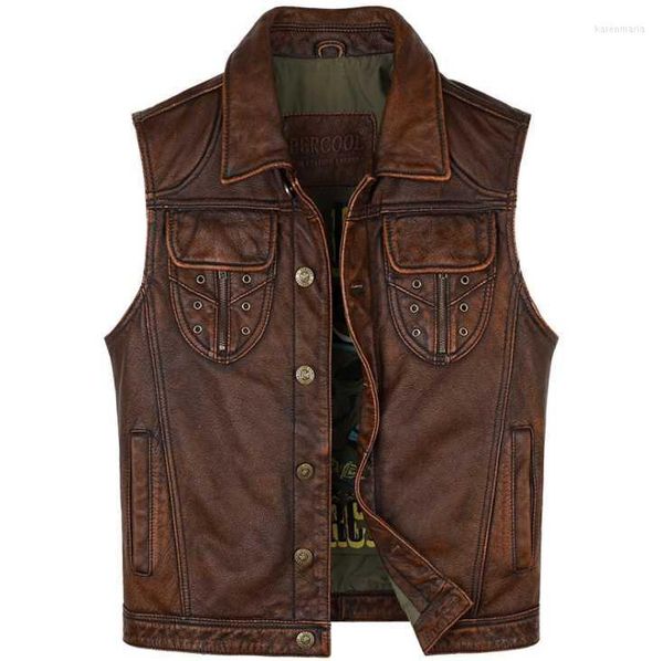 Coletes masculinos Motocicleta Biker Club Colete de couro Vintage Punk estilo mensageiro genuíno sem mangas Jaquetas de couro de couro marrom escuro M-5xl Kare22